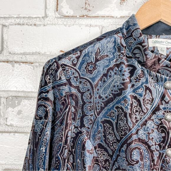 Coldwater Creek Boho Blue and Brown Velvet Burnout Mock Neck Blazer L - Picture 4 of 12